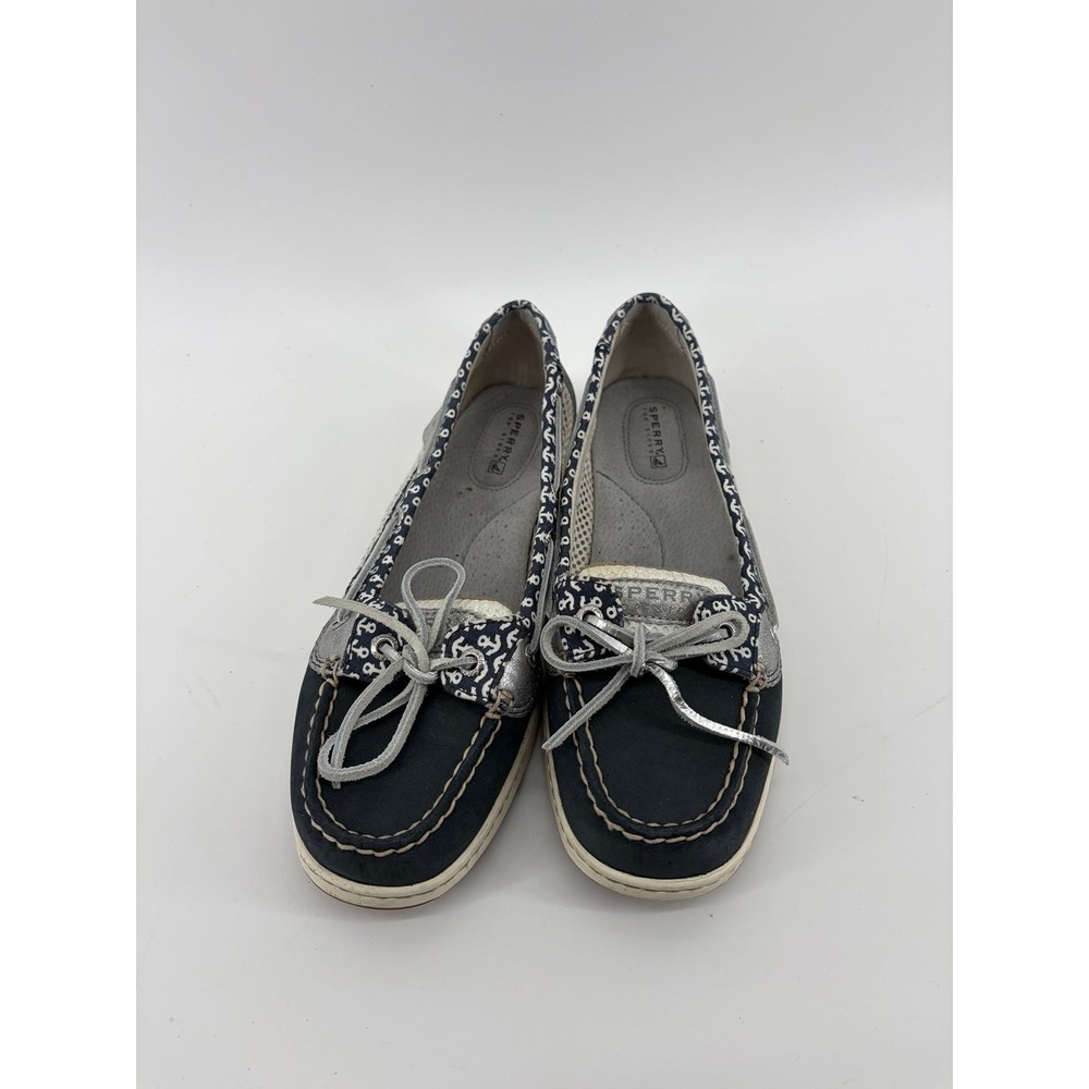 Sperry Angelfish Leather, Anchors Shoes Navy/Silver, Size 8, Pre-Owned